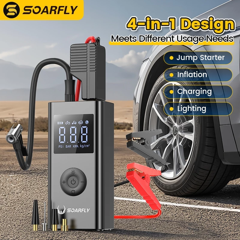 SOARFLY Car Jump Starter 4in1 Multi-function Car High Power Bank 6000mah Jumper Starter Portable Air Pump Tire Inflator