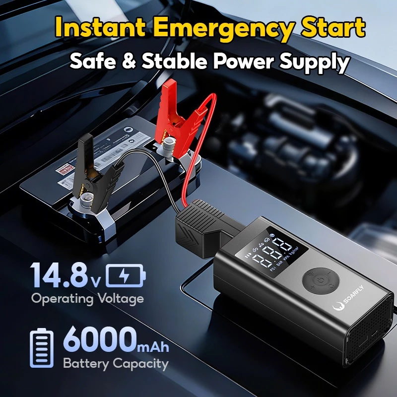 SOARFLY Car Jump Starter 4in1 Multi-function Car High Power Bank 6000mah Jumper Starter Portable Air Pump Tire Inflator - Image 3