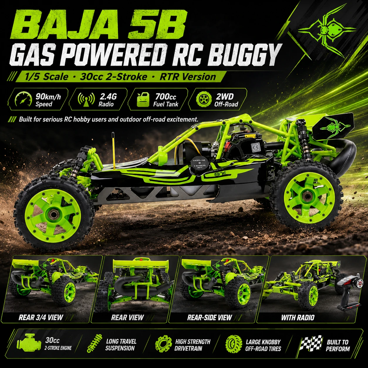🎉2.4G RC Racing Car 90km/h SY Baja 1/5 5B 30cc Gas 2 Stroke Engine off road Truck Gasoline Powered with Radio Controller🏎️ - Image 2
